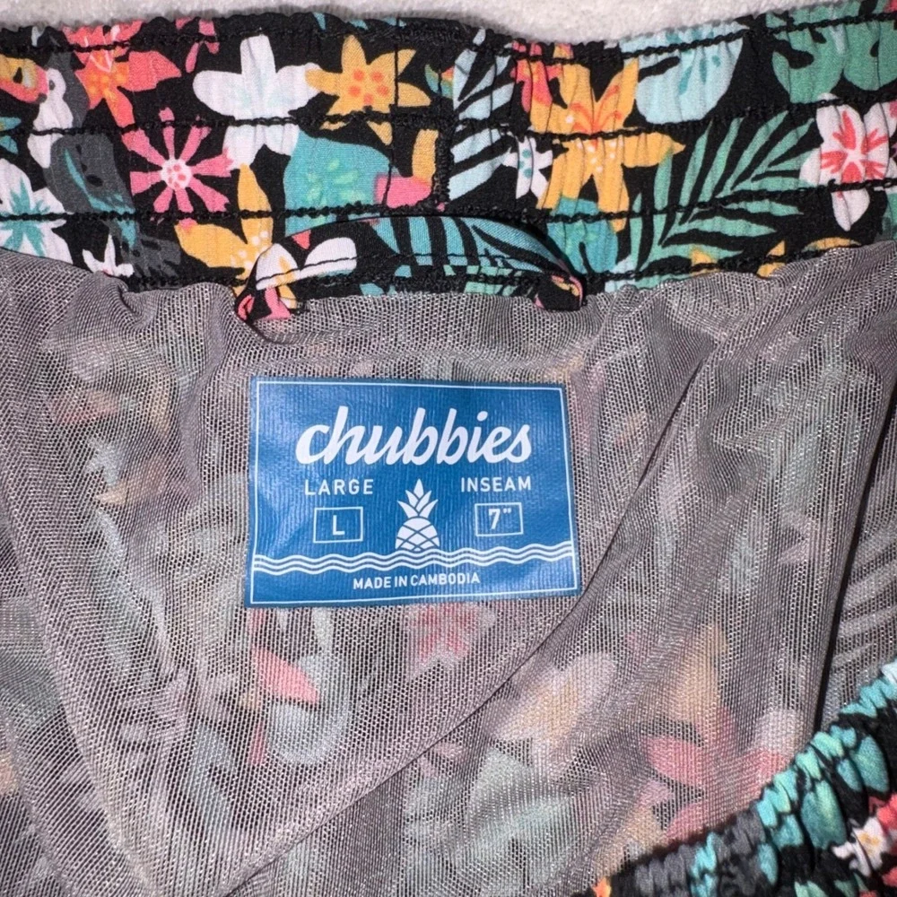 CHUBBIES Swim Trunks Mens L Black Floral Toucan The Bloomerangs 7